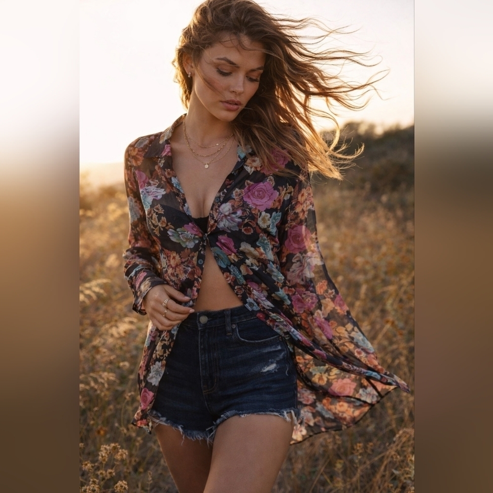 Boho Sheer Floral Button Down Top | Mesh Blouse Festival Layer | Willow + Root M
